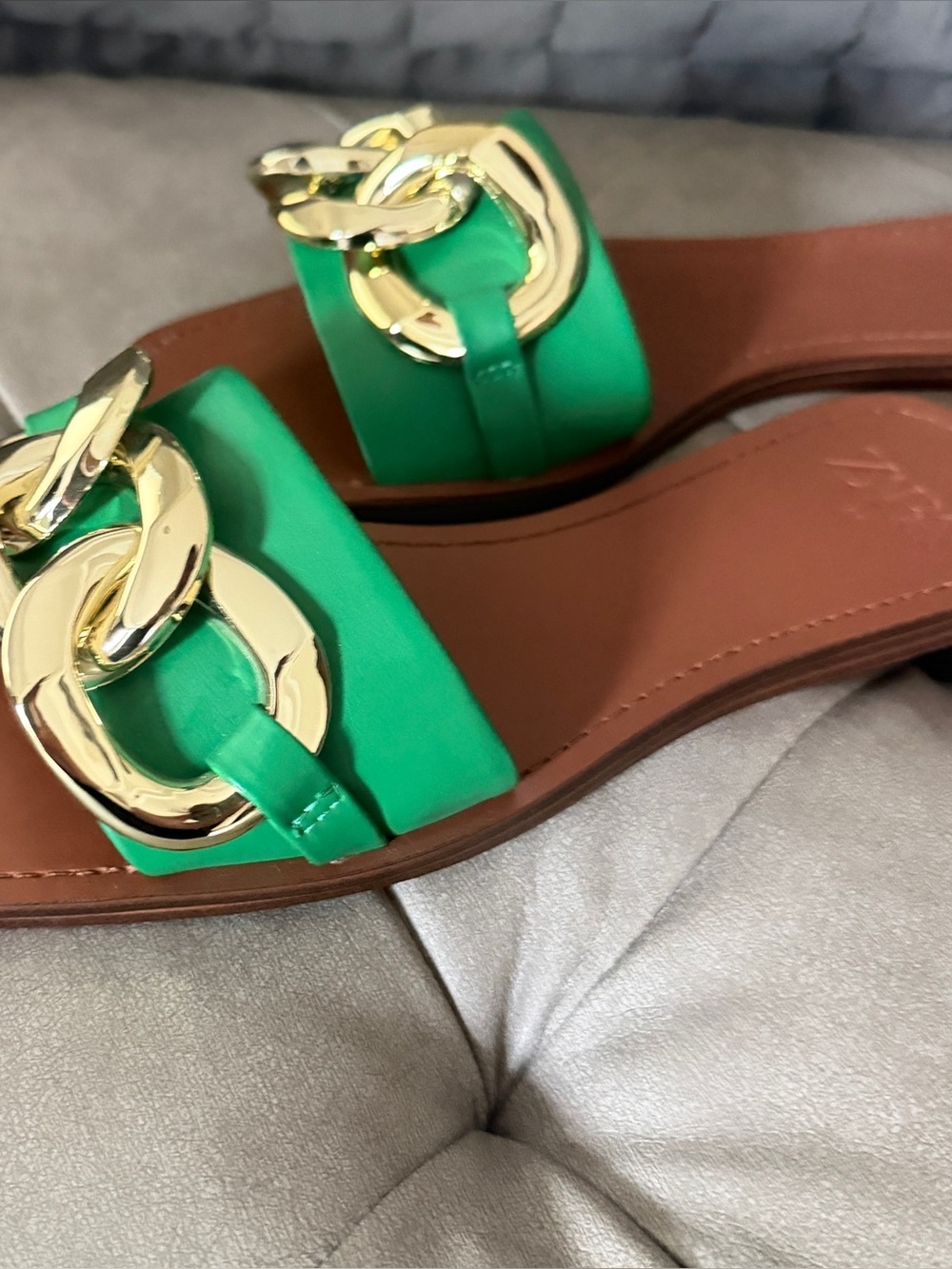 Zara Women’s Green Slide Sandals with Gold Chain Accent